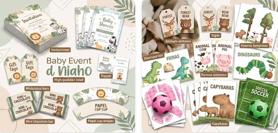 Muestra de kits imprimibles: invitaciones, etiquetas, toppers, banners y decoración por temática