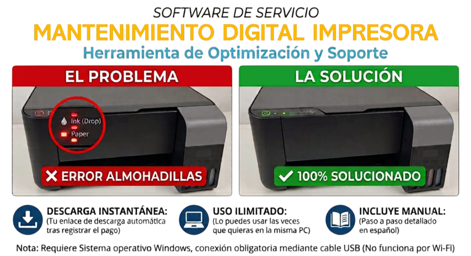Mantenimiento digital de impresora: soluciona el error de almohadillas — antes y después